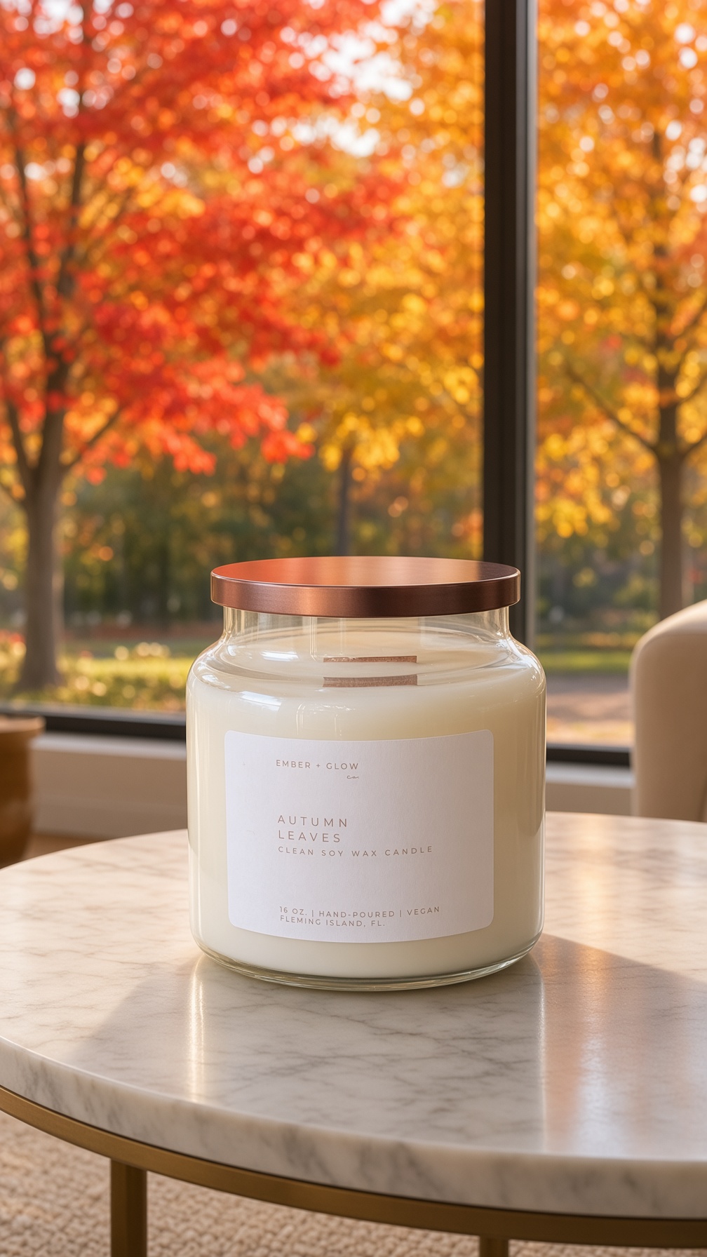 Autumn Leaves 16 ounce soy candle with a copper lid