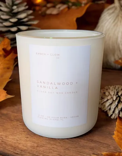 Sandalwood and Vanilla soy candle in a refillable matte vessel